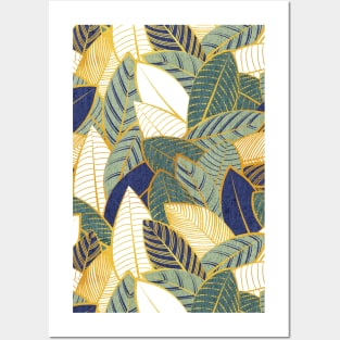 Leaf wall // pattern // navy blue pine and sage green leaves golden lines Posters and Art